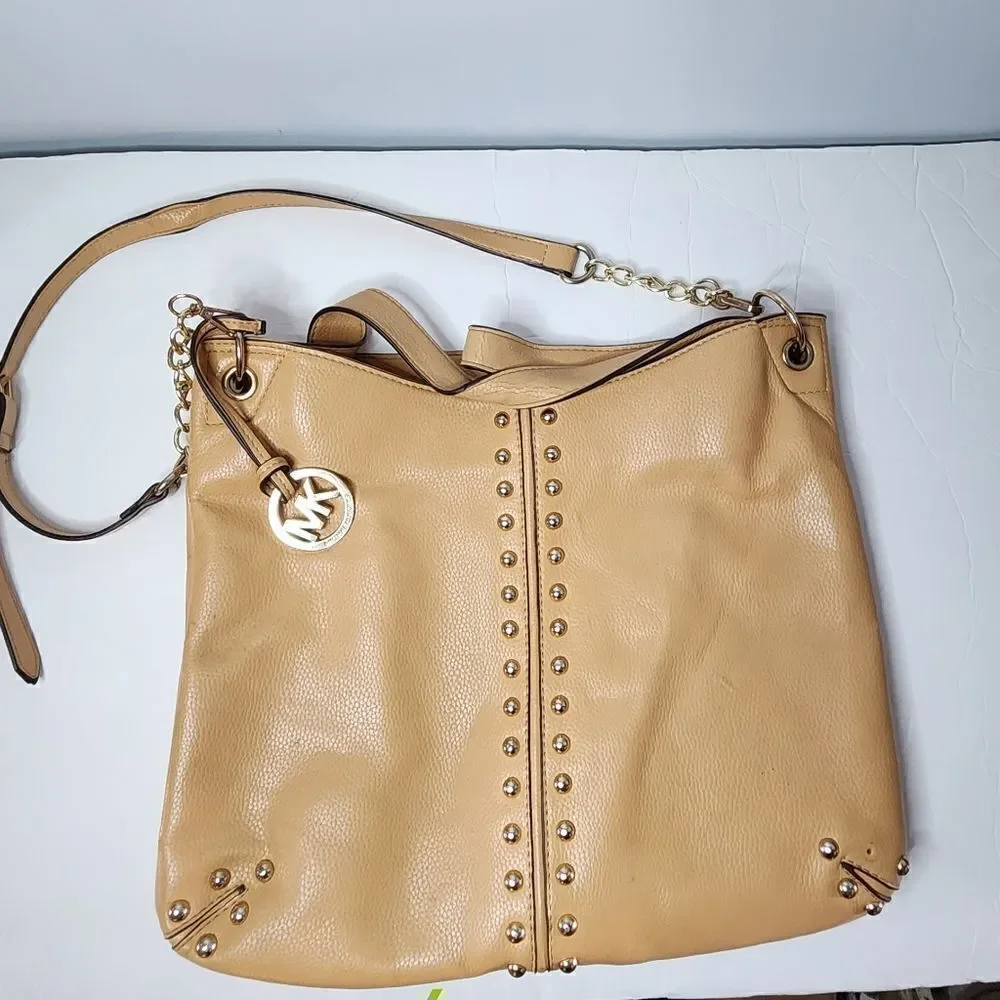 Large Michael Kors Uptown Astor Gold Accent Shoulder Tote Cross Body Purse Brow